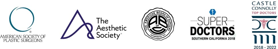 Logos of American Society of Plastic Surgeons, The Aesthetic Society, The American Board of Surgery, Super Doctors Southern California 2018, Castle Connolly Top Doctors 2018-2022