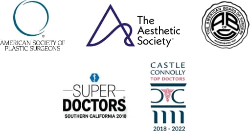 Logos of American Society of Plastic Surgeons, The Aesthetic Society, The American Board of Surgery, Super Doctors Southern California 2018, Castle Connolly Top Doctors 2018-2022