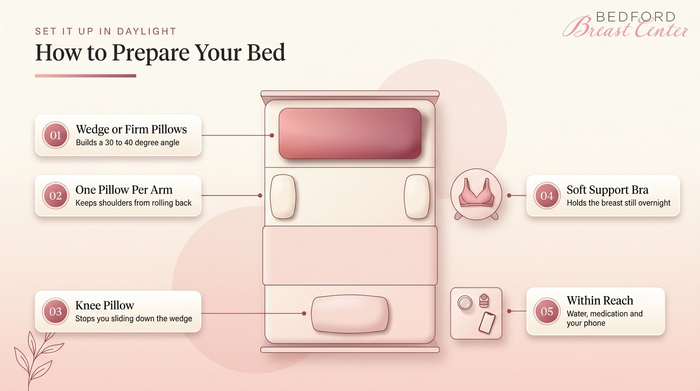 Preparing your bed with wedge pillows and support before breast surgery