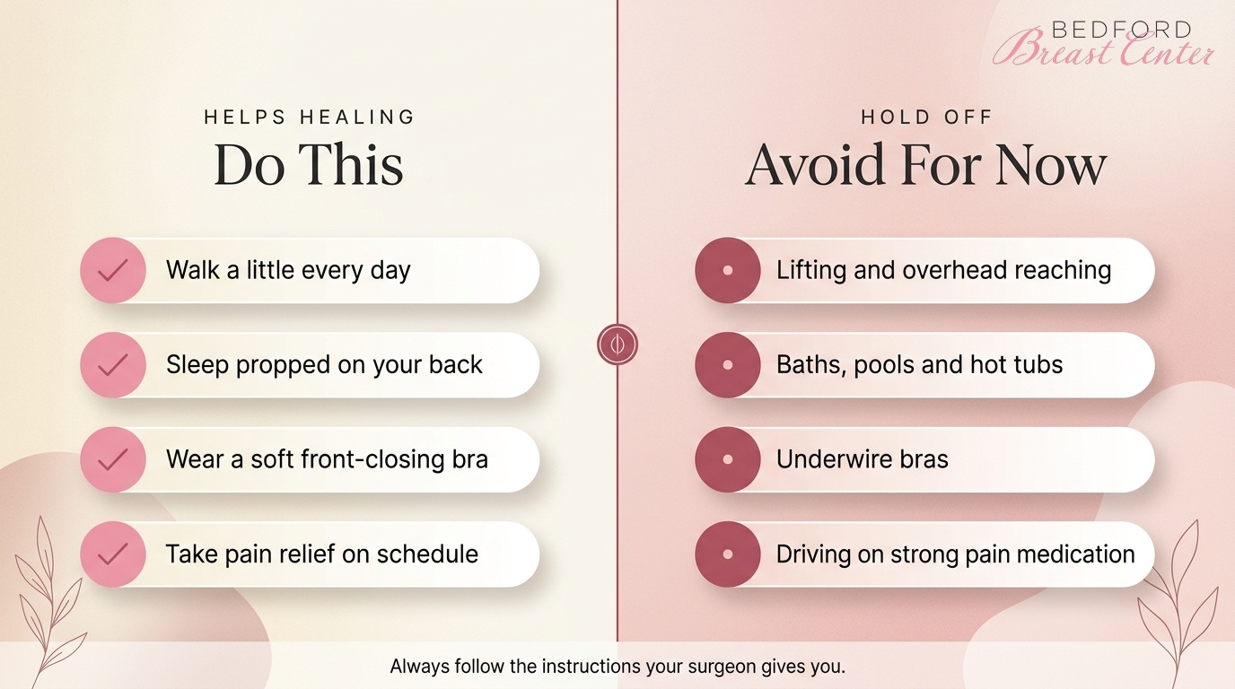 Lumpectomy aftercare guide showing what to do and avoid