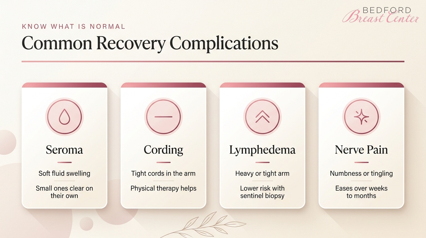 Common lumpectomy recovery complications including seroma cording lymphedema and nerve pain