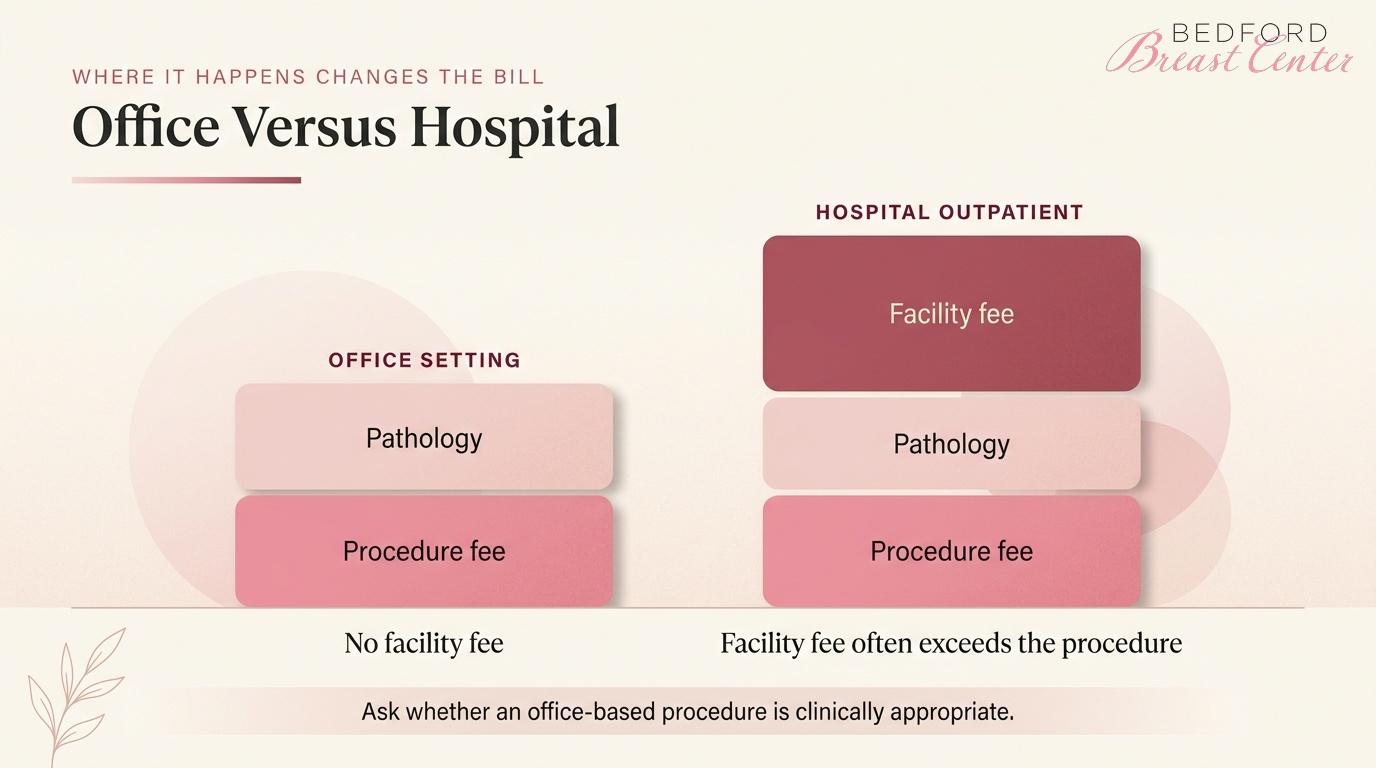 Office versus hospital breast biopsy billing showing added facility fee