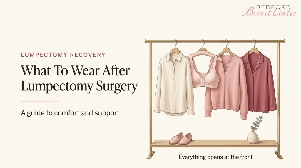 Front-closing bra, button-down shirt, zip-up cardigan and pajama top to wear after lumpectomy surgery