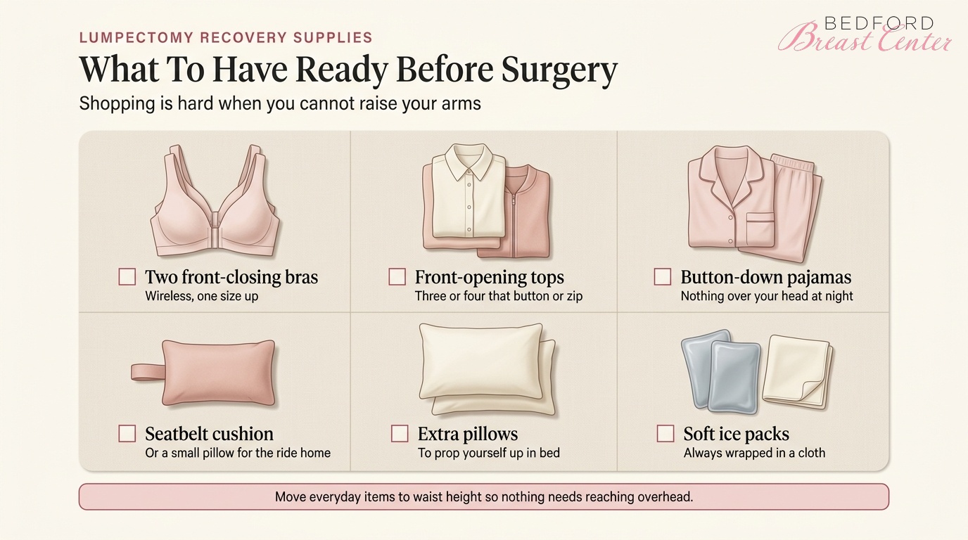 Checklist of lumpectomy recovery supplies to have ready before surgery, including front-closing bras and button-down pajamas