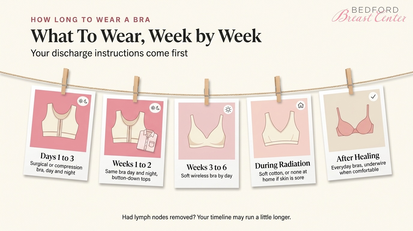 Week-by-week guide to how long to wear a bra after lumpectomy, from a surgical bra day and night to everyday bras
