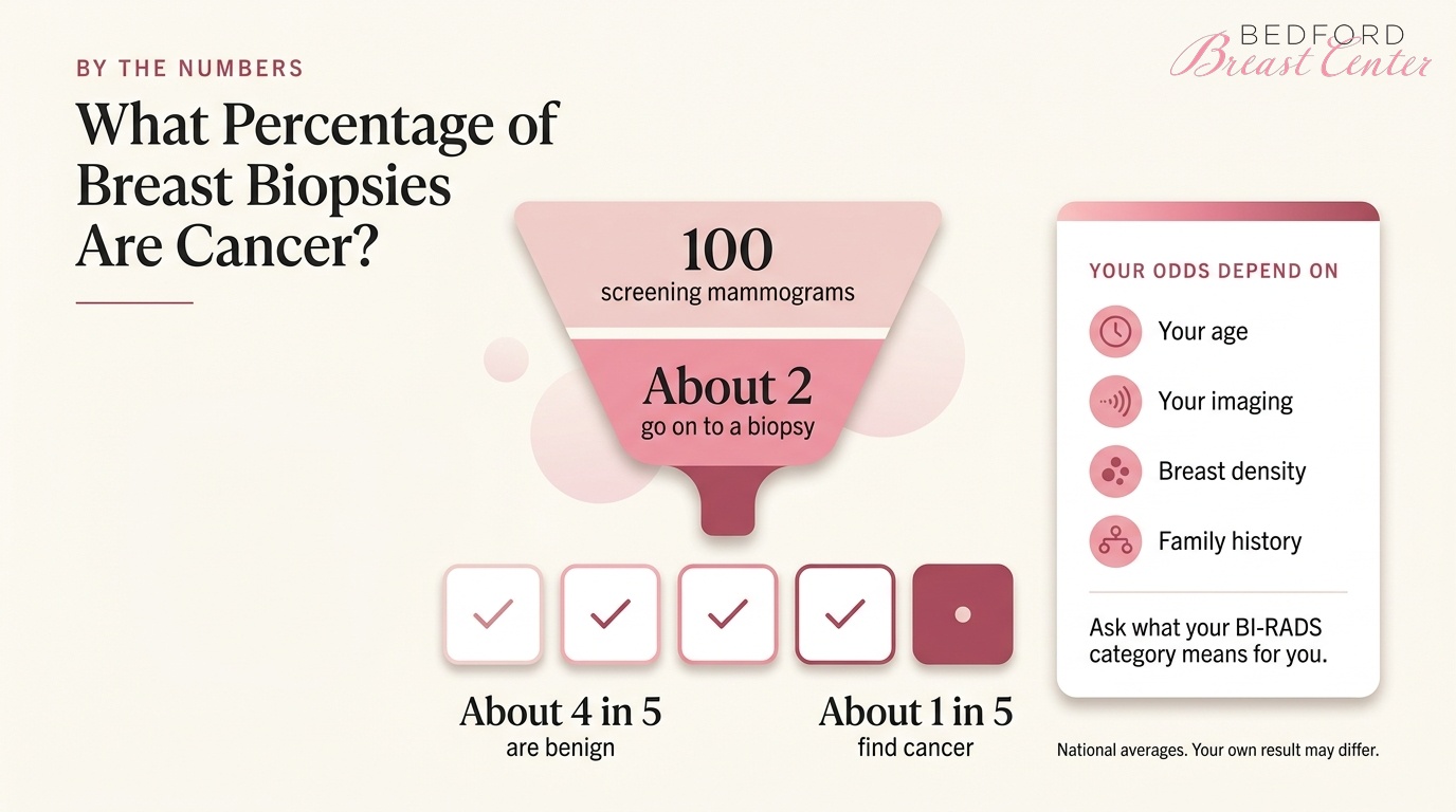 What percentage of breast biopsies are cancer, with about 2 in 100 mammograms leading to a biopsy and 1 in 5 finding cancer