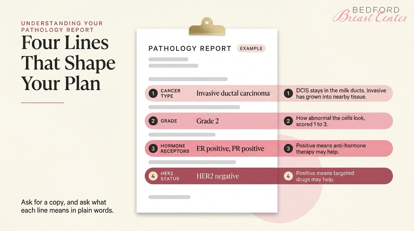 Example positive breast cancer biopsy report explaining cancer type, grade, hormone receptor status and HER2 status