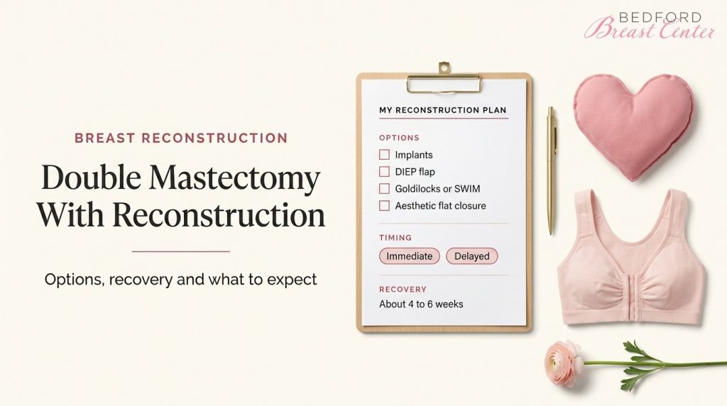 Reconstruction plan checklist with implant, DIEP flap and flat closure options for a double mastectomy with reconstruction