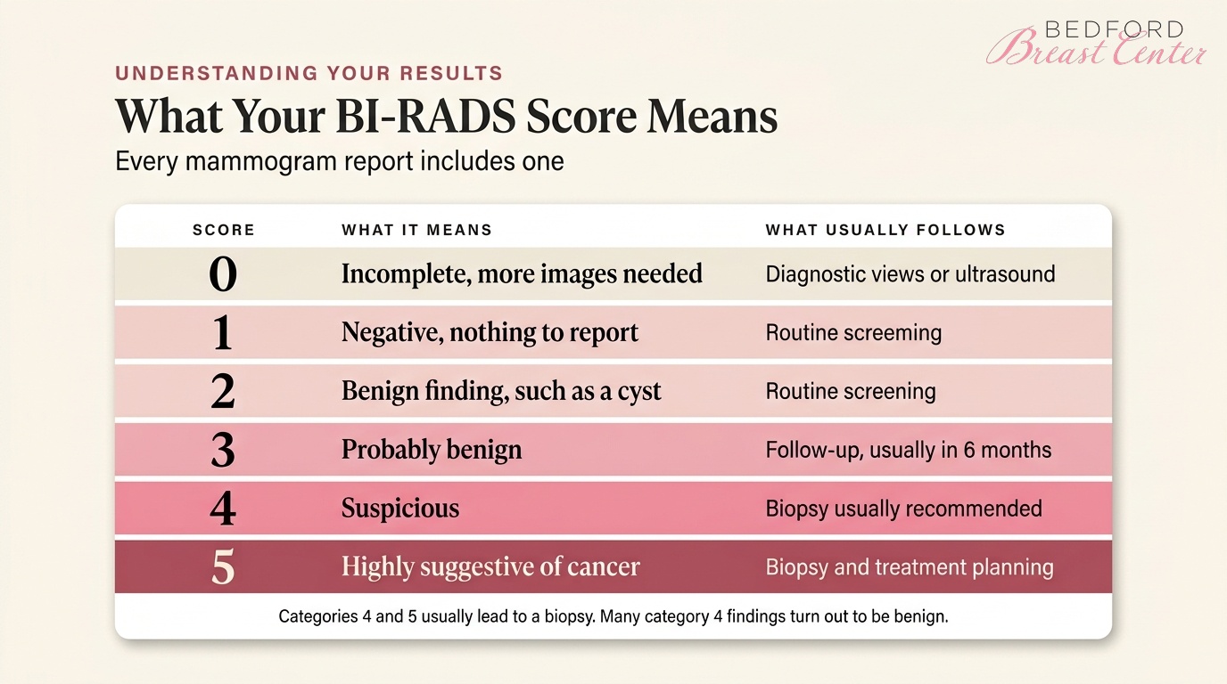 BI-RADS mammogram results chart showing what each score means and the follow-up usually recommended