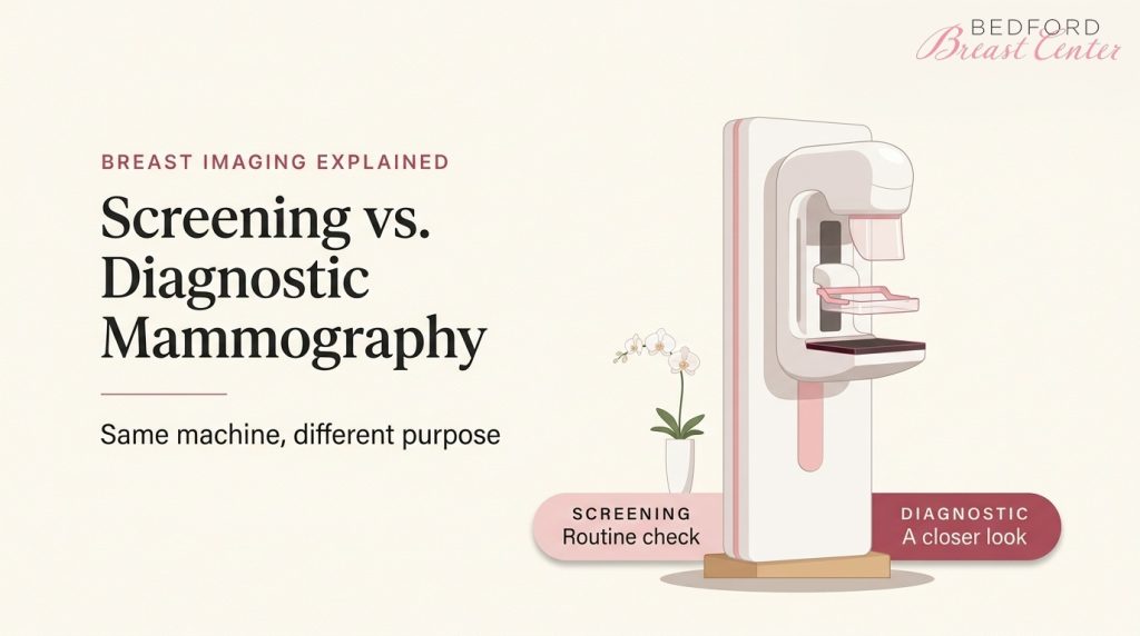 Mammography machine illustrating screening vs diagnostic mammography, a routine check versus a closer look