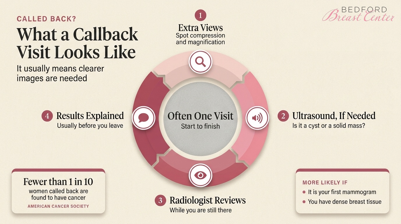 What happens at a mammogram callback visit, from extra views and ultrasound to results explained the same day